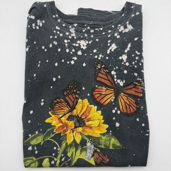 Love Tribe Tops - Love Tribe Black Bleach Splatter Grunge Shirt Sunflower & Butterfly size medium